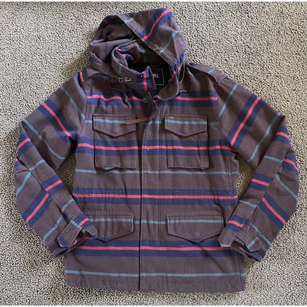 Obey Propaganda Men's Hooded Field Jacket Brown Stripe Cotton Size Large